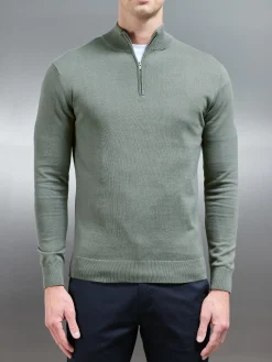 Cotton Knitted Half Zip Funnel Neck Jumper - Sage
