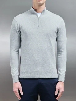 Cotton Knitted Half Zip Funnel Neck Jumper - Marl Grey