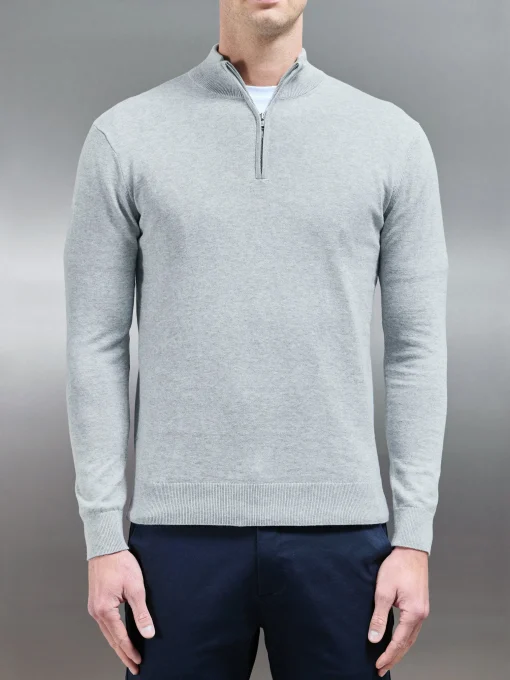 Cotton Knitted Half Zip Funnel Neck Jumper - Marl Grey