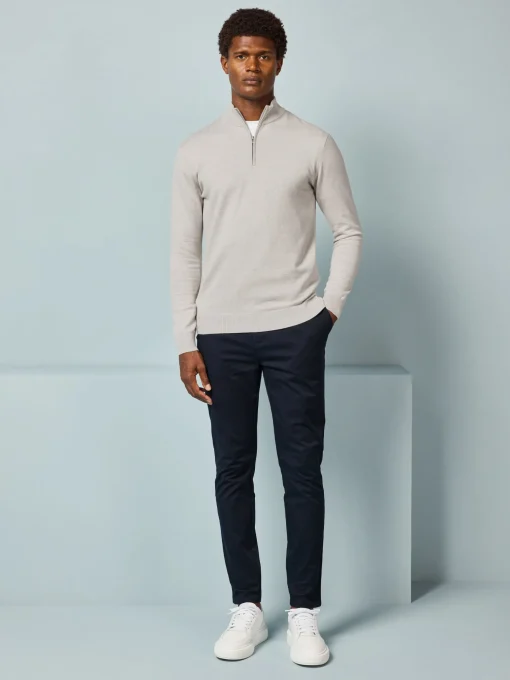Cotton Knitted Half Zip Funnel Neck Jumper - Oatmeal