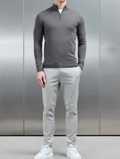 Cotton Knitted Half Zip Funnel Neck Jumper - Charcoal