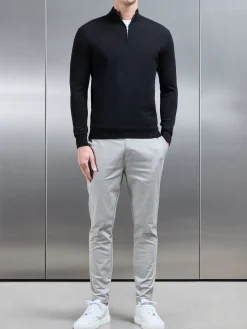 Cotton Knitted Half Zip Funnel Neck Jumper - Black