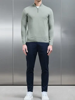 Cotton Knitted Half Zip Funnel Neck Jumper - Light Sage