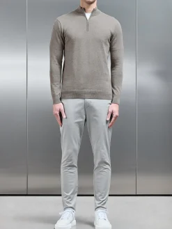 Cotton Knitted Half Zip Funnel Neck Jumper - Taupe Marl