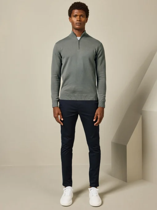 Cotton Knitted Half Zip Funnel Neck Jumper - Sage
