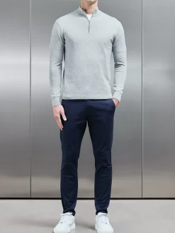 Cotton Knitted Half Zip Funnel Neck Jumper - Marl Grey