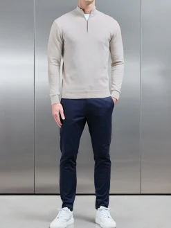 Cotton Knitted Half Zip Funnel Neck Jumper - Oatmeal