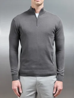 Cotton Knitted Half Zip Funnel Neck Jumper - Charcoal