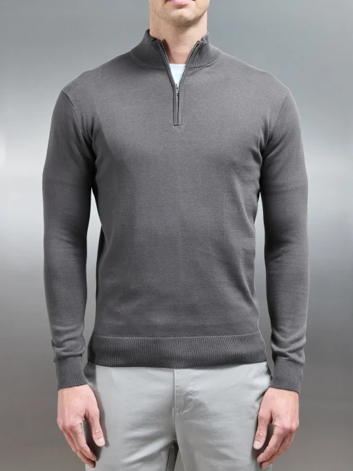 Cotton Knitted Half Zip Funnel Neck Jumper - Charcoal