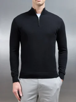 Cotton Knitted Half Zip Funnel Neck Jumper - Black