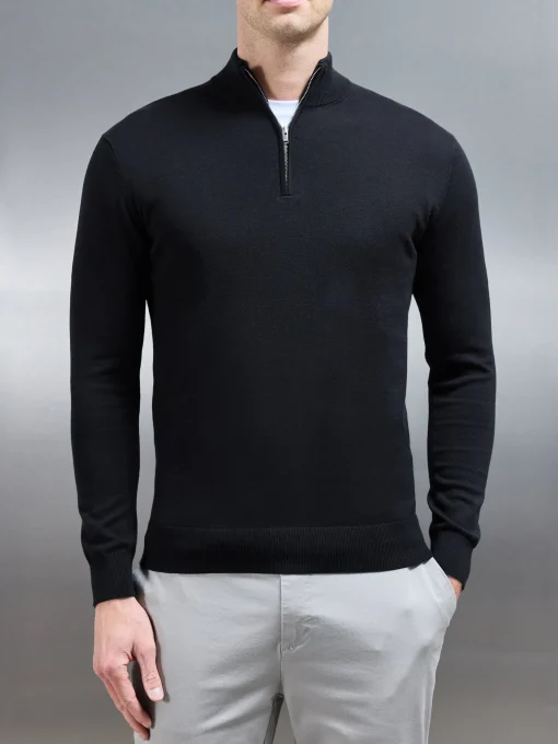 Cotton Knitted Half Zip Funnel Neck Jumper - Black