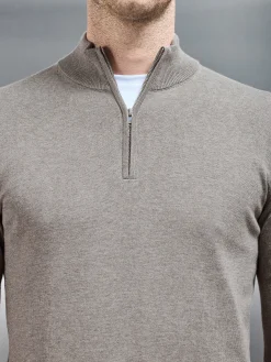 Cotton Knitted Half Zip Funnel Neck Jumper - Taupe Marl
