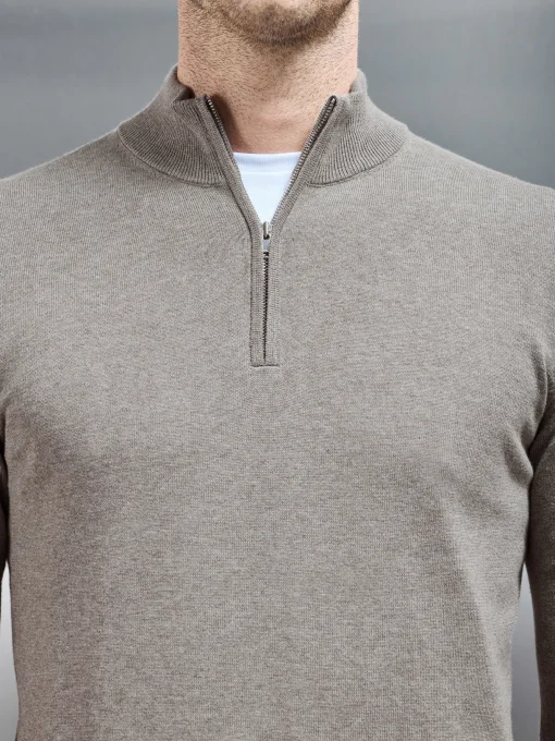 Cotton Knitted Half Zip Funnel Neck Jumper - Taupe Marl