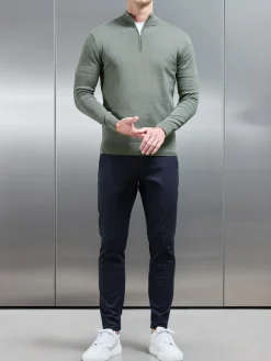 Cotton Knitted Half Zip Funnel Neck Jumper - Sage