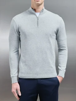 Cotton Knitted Half Zip Funnel Neck Jumper - Marl Grey
