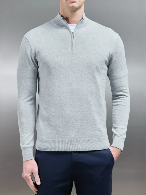 Cotton Knitted Half Zip Funnel Neck Jumper - Marl Grey