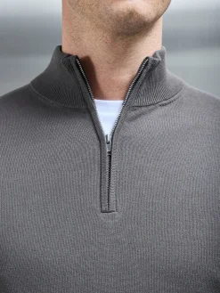 Cotton Knitted Half Zip Funnel Neck Jumper - Charcoal