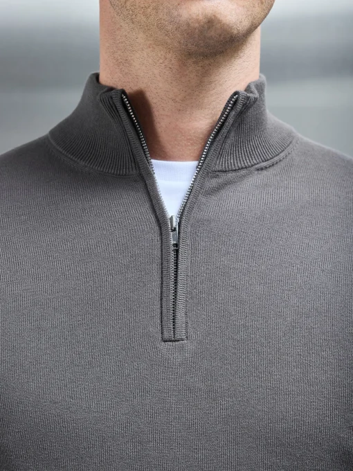 Cotton Knitted Half Zip Funnel Neck Jumper - Charcoal