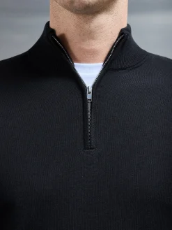 Cotton Knitted Half Zip Funnel Neck Jumper - Black