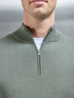 Cotton Knitted Half Zip Funnel Neck Jumper - Sage