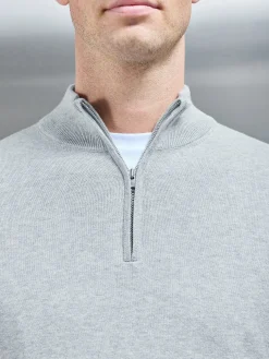 Cotton Knitted Half Zip Funnel Neck Jumper - Marl Grey
