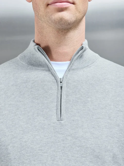 Cotton Knitted Half Zip Funnel Neck Jumper - Marl Grey
