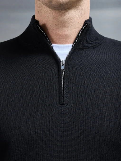 Cotton Knitted Half Zip Funnel Neck Jumper - Black