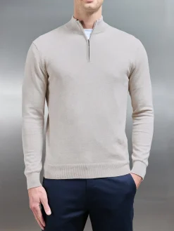 Cotton Knitted Half Zip Funnel Neck Jumper - Oatmeal