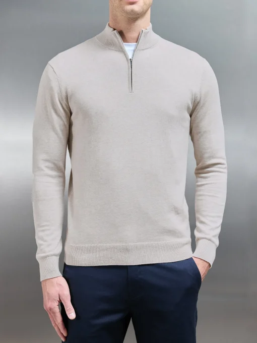 Cotton Knitted Half Zip Funnel Neck Jumper - Oatmeal