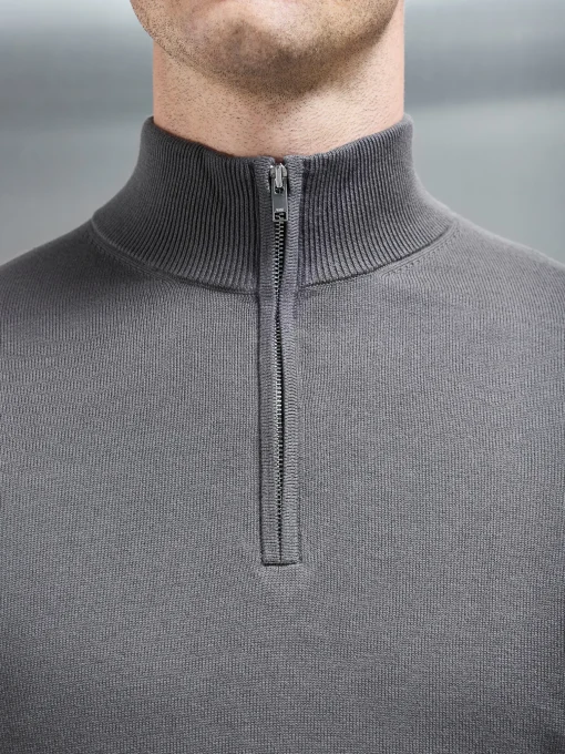 Cotton Knitted Half Zip Funnel Neck Jumper - Charcoal