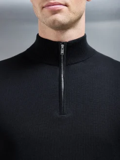 Cotton Knitted Half Zip Funnel Neck Jumper - Black