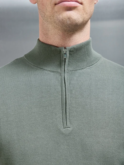 Cotton Knitted Half Zip Funnel Neck Jumper - Sage