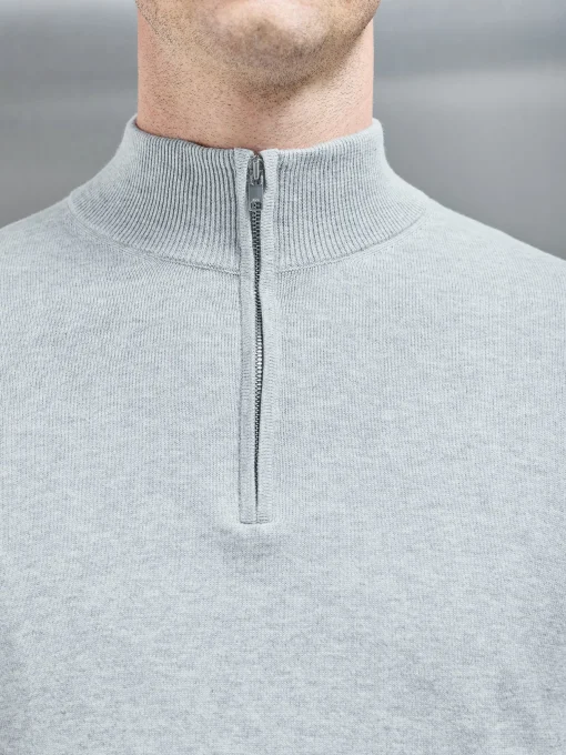 Cotton Knitted Half Zip Funnel Neck Jumper - Marl Grey