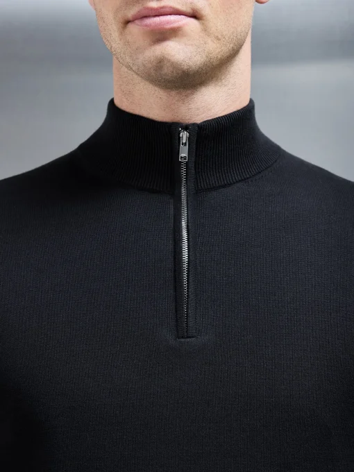 Cotton Knitted Half Zip Funnel Neck Jumper - Black