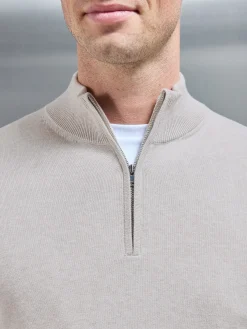 Cotton Knitted Half Zip Funnel Neck Jumper - Oatmeal