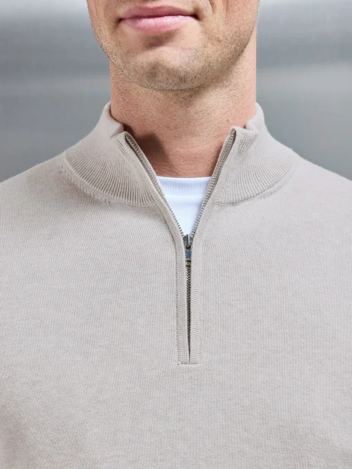 Cotton Knitted Half Zip Funnel Neck Jumper - Oatmeal