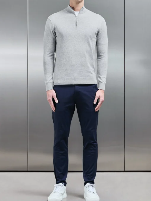 Cotton Knitted Half Zip Funnel Neck Jumper - Marl Grey