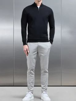 Cotton Knitted Half Zip Funnel Neck Jumper - Black