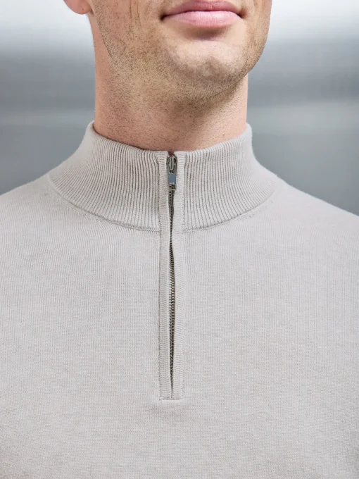 Cotton Knitted Half Zip Funnel Neck Jumper - Oatmeal