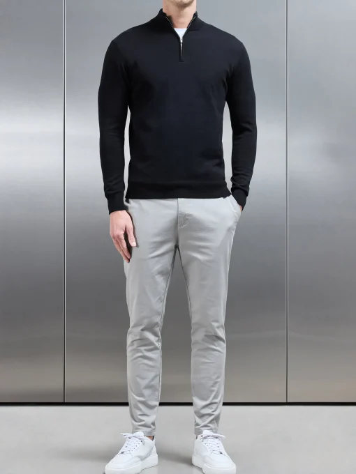 Cotton Knitted Half Zip Funnel Neck Jumper - Black
