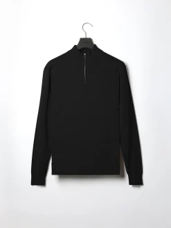 Cotton Knitted Half Zip Funnel Neck Jumper - Black