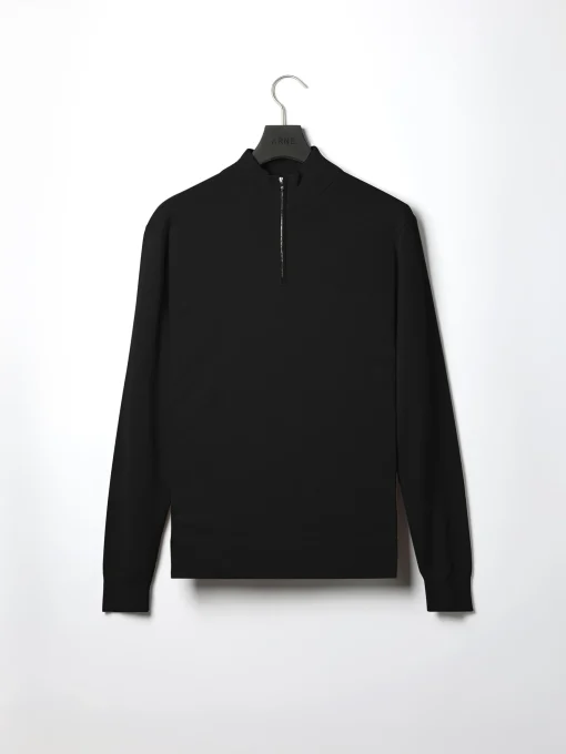 Cotton Knitted Half Zip Funnel Neck Jumper - Black