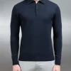 Cotton Knitted Long Sleeve Button Polo Shirt - Navy