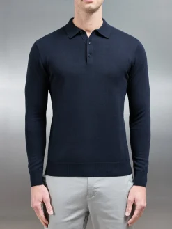 Cotton Knitted Long Sleeve Button Polo Shirt - Navy