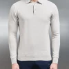 Cotton Knitted Long Sleeve Button Polo Shirt - Oatmeal