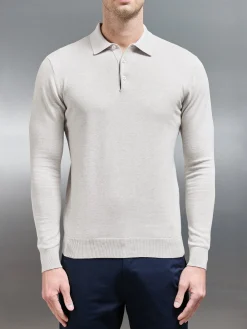 Cotton Knitted Long Sleeve Button Polo Shirt - Oatmeal