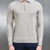 Cotton Knitted Long Sleeve Button Polo Shirt - Stone