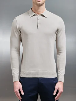 Cotton Knitted Long Sleeve Button Polo Shirt - Stone