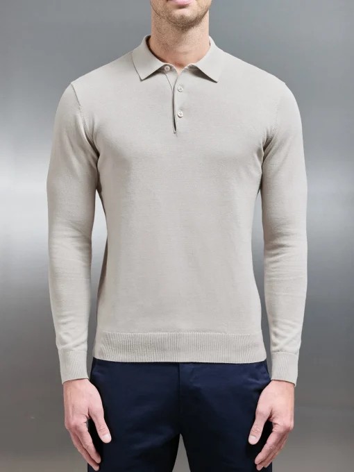 Cotton Knitted Long Sleeve Button Polo Shirt - Stone