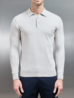 Cotton Knitted Long Sleeve Button Polo Shirt - Mid Grey
